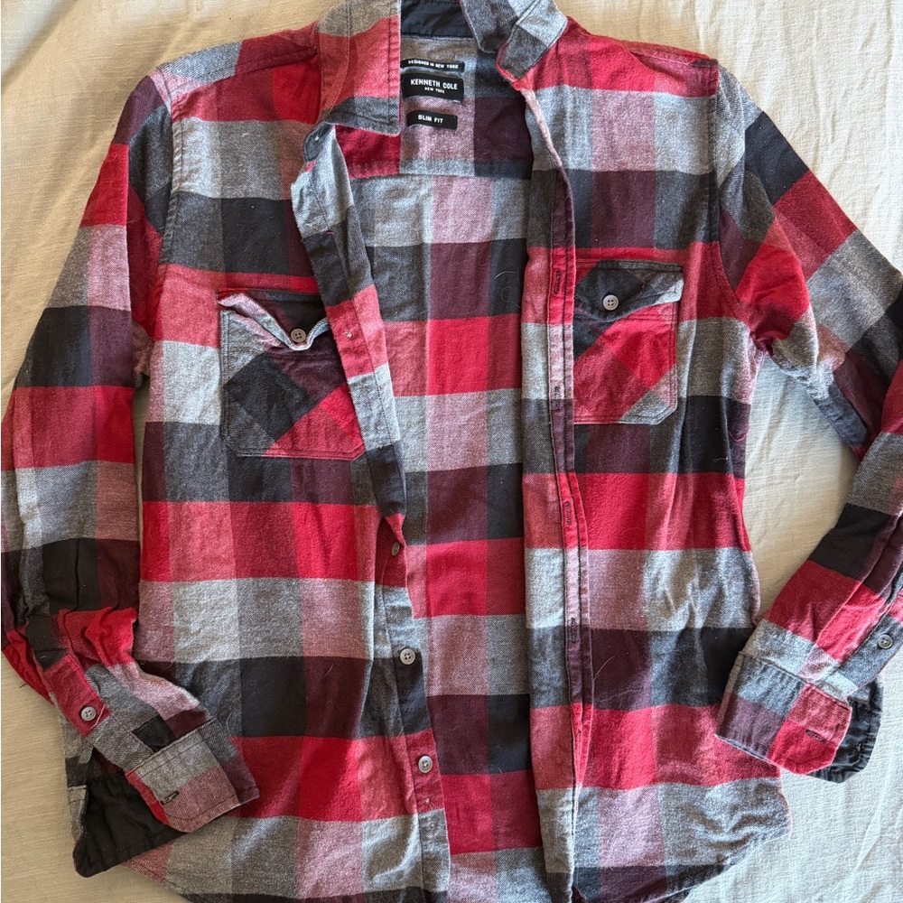 Kenneth Cole Red and Gray Plaid Shirt